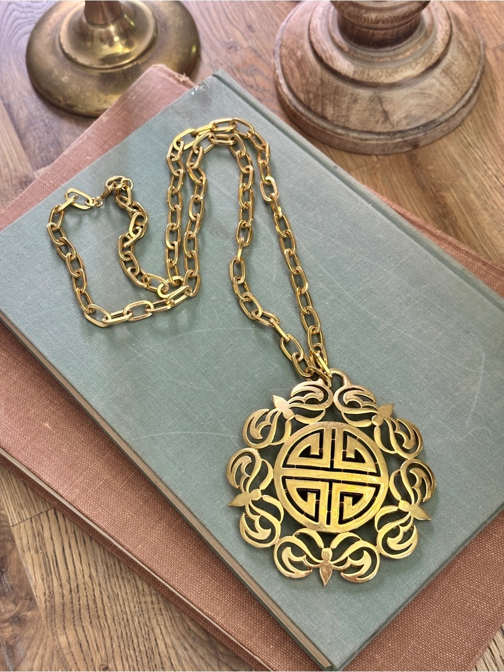 Vintage Trifari Asian Statement Necklace - Chinese Good Fortune Medallion